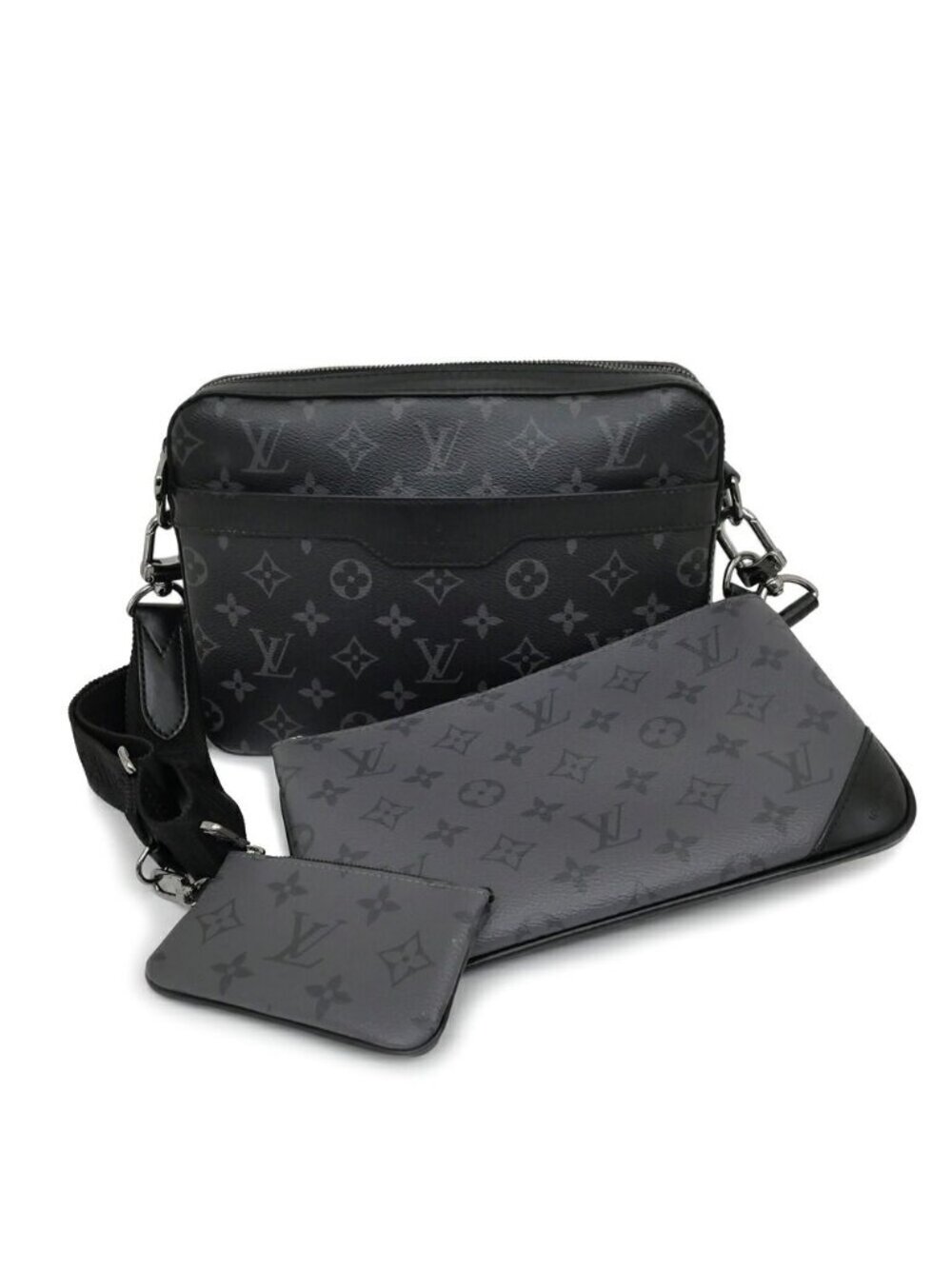 Louis Vuitton Monogram Eclipse Reverse Trio Messenger Shoulder Bag Black Gray
